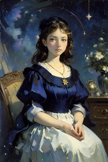 394755-2862023344-oil painting,in van Gogh style,masterpiece, best quality, detailed,sargent, 1girl,dress, necklace,(Starry Sky_1.2),Magic, Tree.png